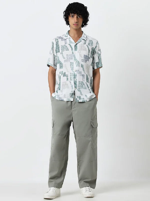 Nuon White Abstract Printed Relaxed Fit Shirt