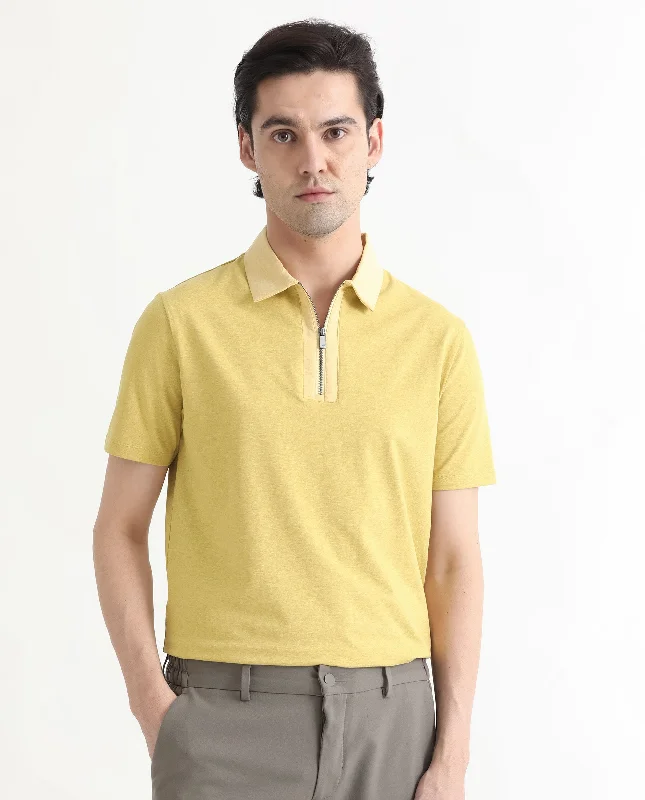 Rare Rabbit Men's Panel Yellow Cotton Fabric Collared Neck Zipper Closure Half Sleeves Melange Polo T-Shirt