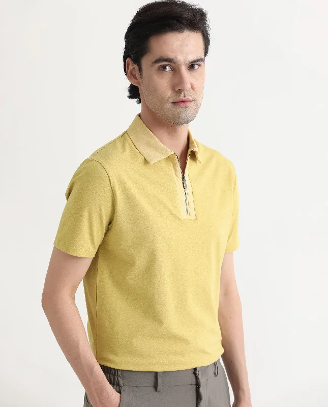 Rare Rabbit Men's Panel Yellow Cotton Fabric Collared Neck Zipper Closure Half Sleeves Melange Polo T-Shirt