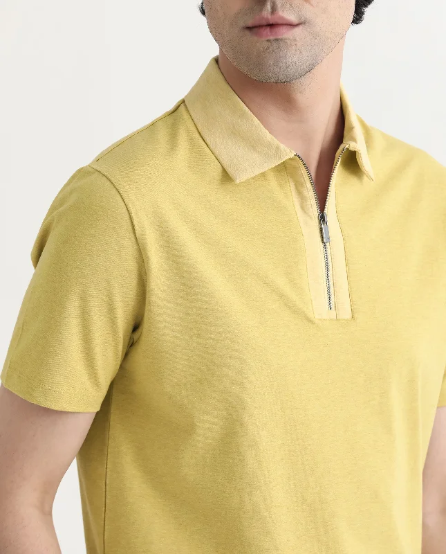 Rare Rabbit Men's Panel Yellow Cotton Fabric Collared Neck Zipper Closure Half Sleeves Melange Polo T-Shirt