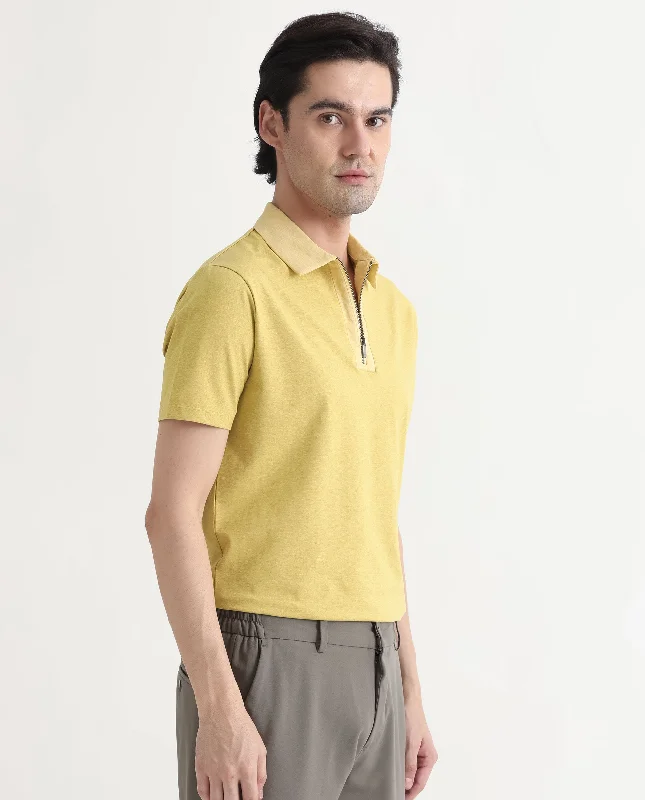 Rare Rabbit Men's Panel Yellow Cotton Fabric Collared Neck Zipper Closure Half Sleeves Melange Polo T-Shirt