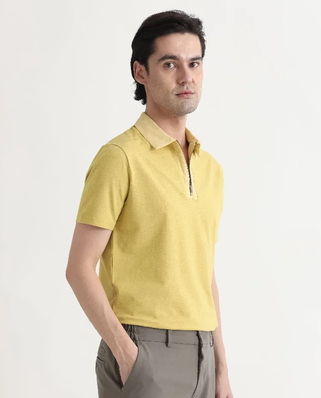 Rare Rabbit Men's Panel Yellow Cotton Fabric Collared Neck Zipper Closure Half Sleeves Melange Polo T-Shirt