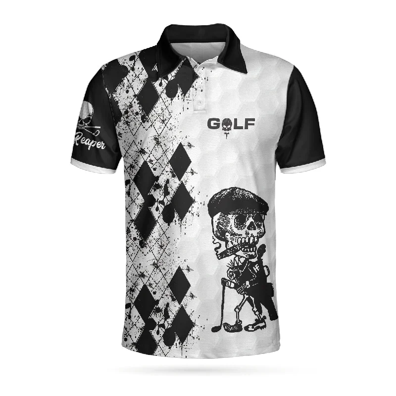 Skull Golf Reaper Polo Shirt, Black And White Argyle Pattern Polo Shirt, Best Golf Shirt For Men Coolspod