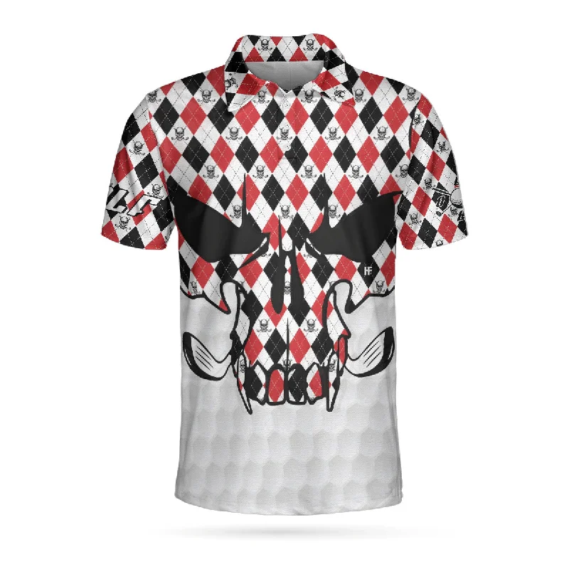 Skull Golf Red Black White Polo Shirt, Golf Texture Argyle Pattern Skull Polo Shirt, Best Golf Shirt For Men Coolspod