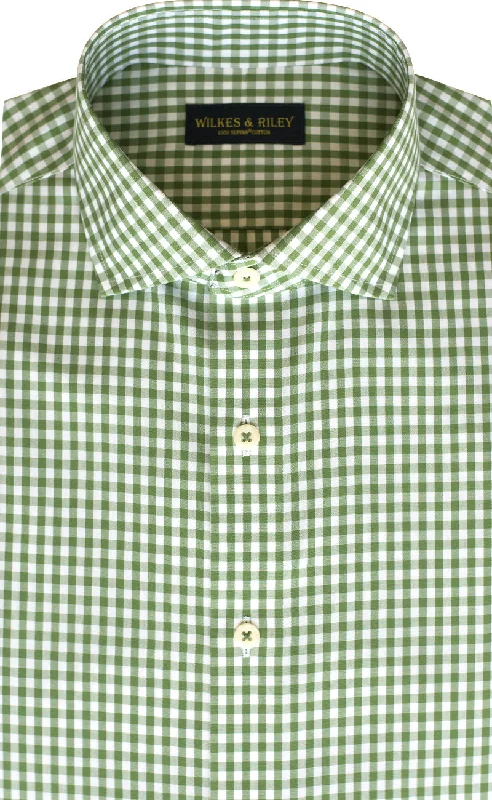 Slim Fit Green Gingham English Spread Collar Supima® Cotton Non-Iron Broadcloth Dress Shirt