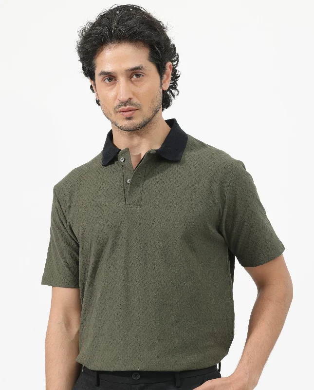 Rare Rabbit Mens State Olive Short Sleeves Solid Jacquard Print Polo T-Shirt