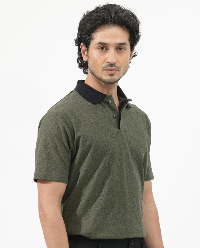 Rare Rabbit Mens State Olive Short Sleeves Solid Jacquard Print Polo T-Shirt