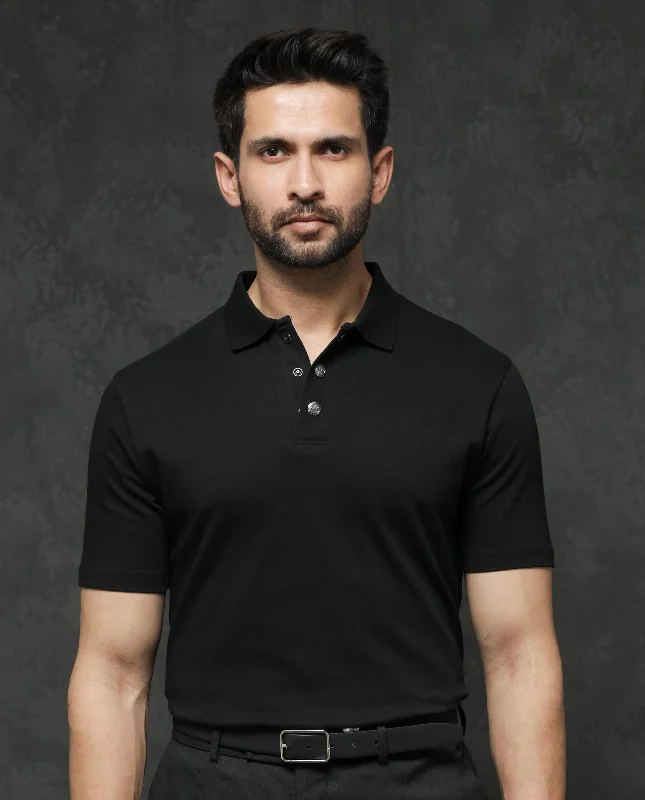 Rare Rabbit Mens Tang Black Short Sleeve Regular Collar Button Closure Plain Polo