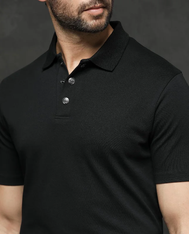 Rare Rabbit Mens Tang Black Short Sleeve Regular Collar Button Closure Plain Polo