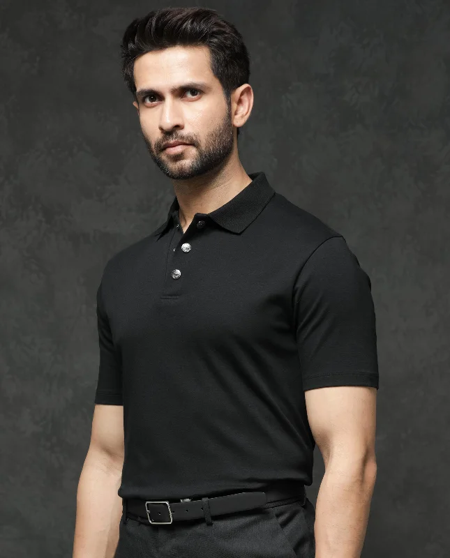 Rare Rabbit Mens Tang Black Short Sleeve Regular Collar Button Closure Plain Polo