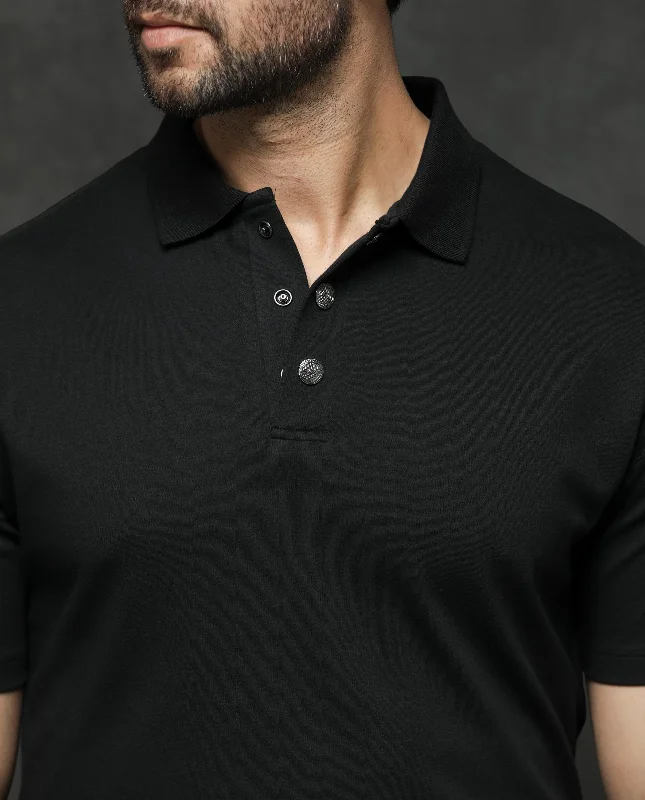 Rare Rabbit Mens Tang Black Short Sleeve Regular Collar Button Closure Plain Polo