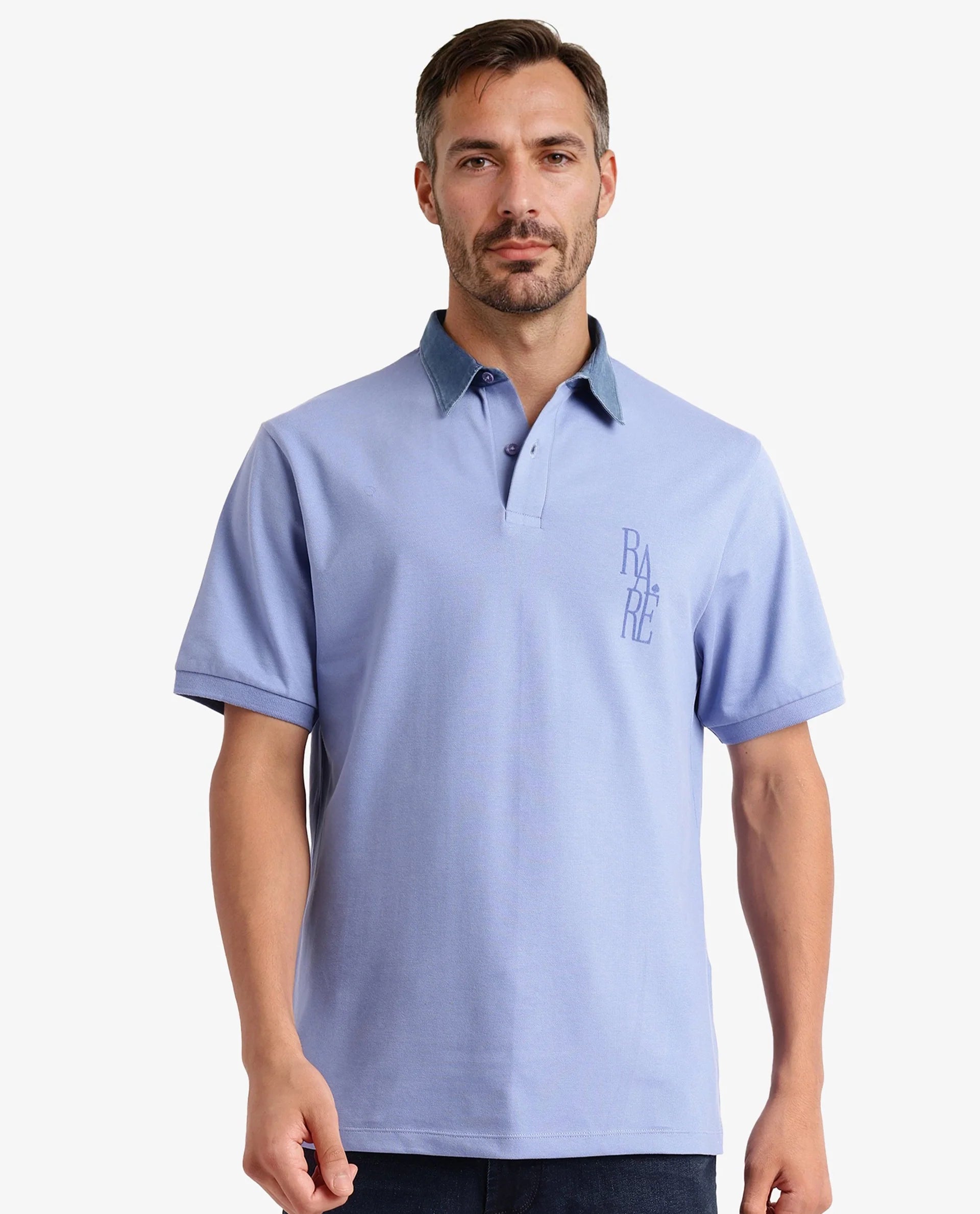 Rare Rabbit Men Tem Blue Short Sleeve Collared Neck Button Closure Plain Polo