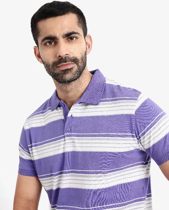 Rare Rabbit Men's Verdun Dark Purple Cotton Fabric Half Sleeves Striped Polo T-Shirt