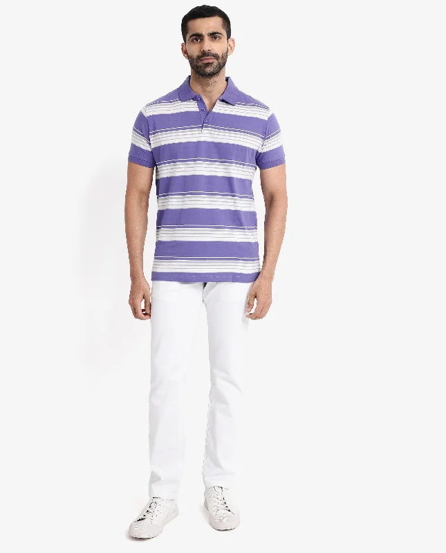 Rare Rabbit Men's Verdun Dark Purple Cotton Fabric Half Sleeves Striped Polo T-Shirt