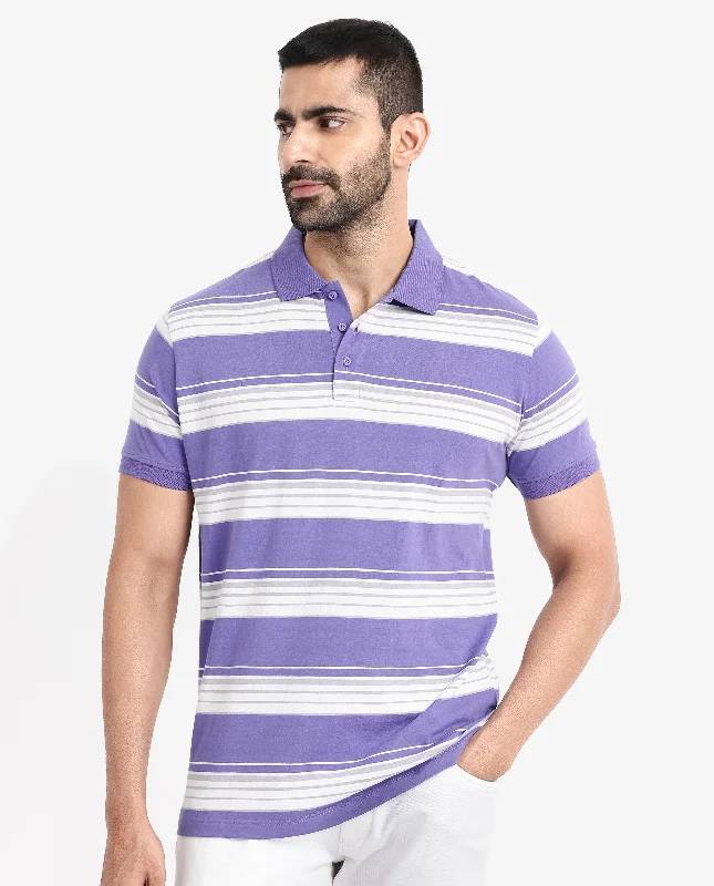 Rare Rabbit Men's Verdun Dark Purple Cotton Fabric Half Sleeves Striped Polo T-Shirt