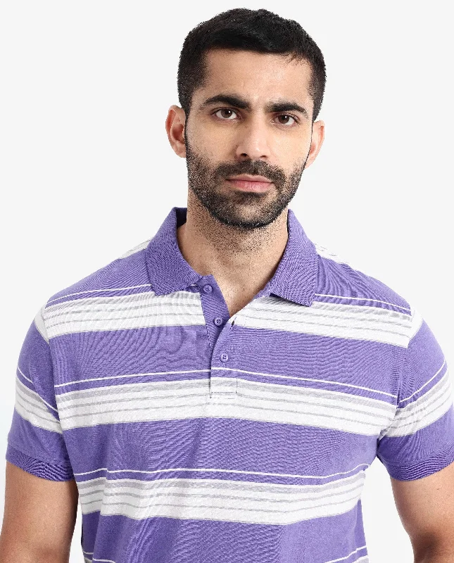 Rare Rabbit Men's Verdun Dark Purple Cotton Fabric Half Sleeves Striped Polo T-Shirt