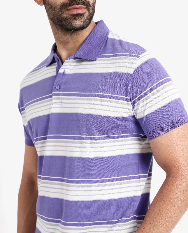 Rare Rabbit Men's Verdun Dark Purple Cotton Fabric Half Sleeves Striped Polo T-Shirt