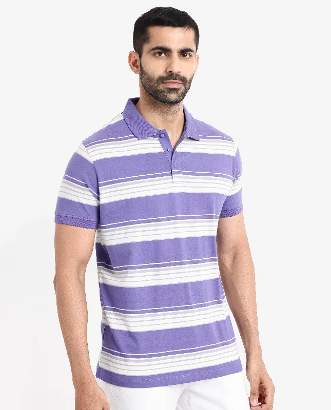 Rare Rabbit Men's Verdun Dark Purple Cotton Fabric Half Sleeves Striped Polo T-Shirt