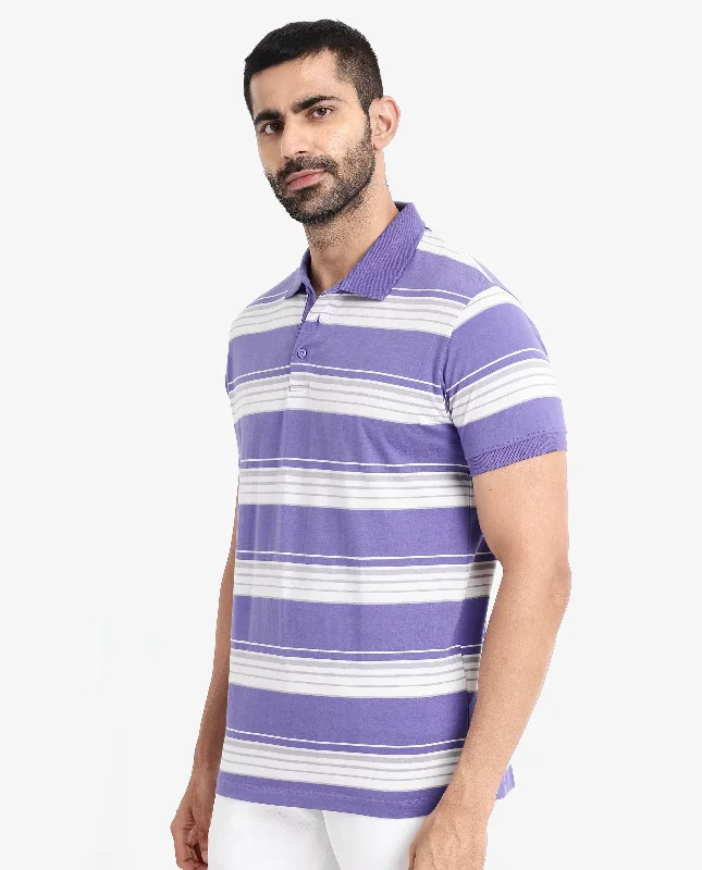 Rare Rabbit Men's Verdun Dark Purple Cotton Fabric Half Sleeves Striped Polo T-Shirt