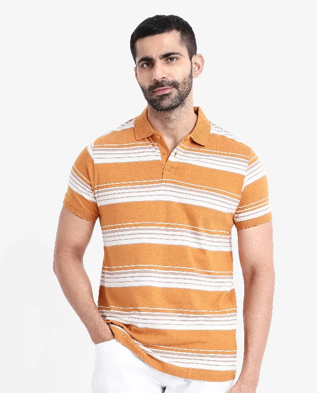 Rare Rabbit Men's Verdun Orange Cotton Fabric Half Sleeves Striped Polo T-Shirt