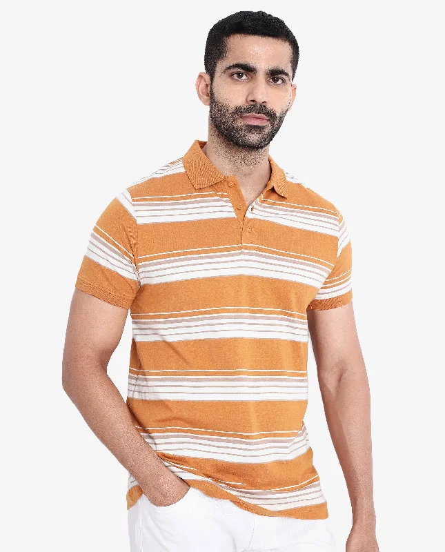 Rare Rabbit Men's Verdun Orange Cotton Fabric Half Sleeves Striped Polo T-Shirt