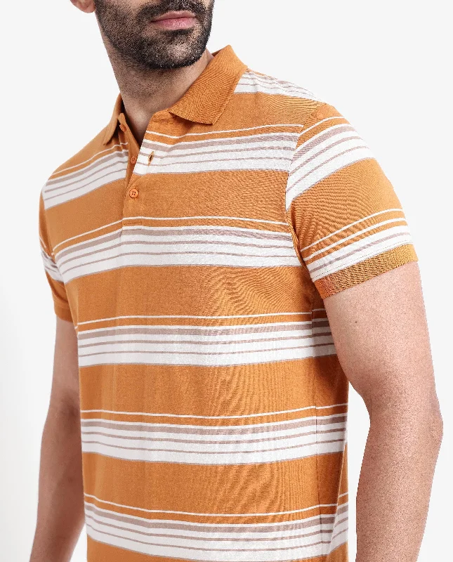 Rare Rabbit Men's Verdun Orange Cotton Fabric Half Sleeves Striped Polo T-Shirt