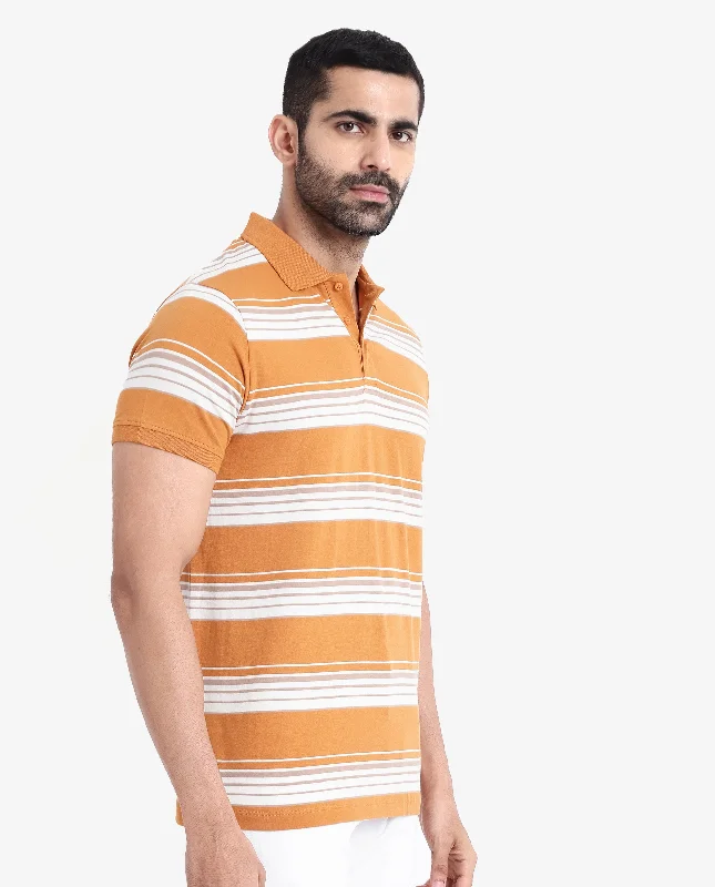 Rare Rabbit Men's Verdun Orange Cotton Fabric Half Sleeves Striped Polo T-Shirt