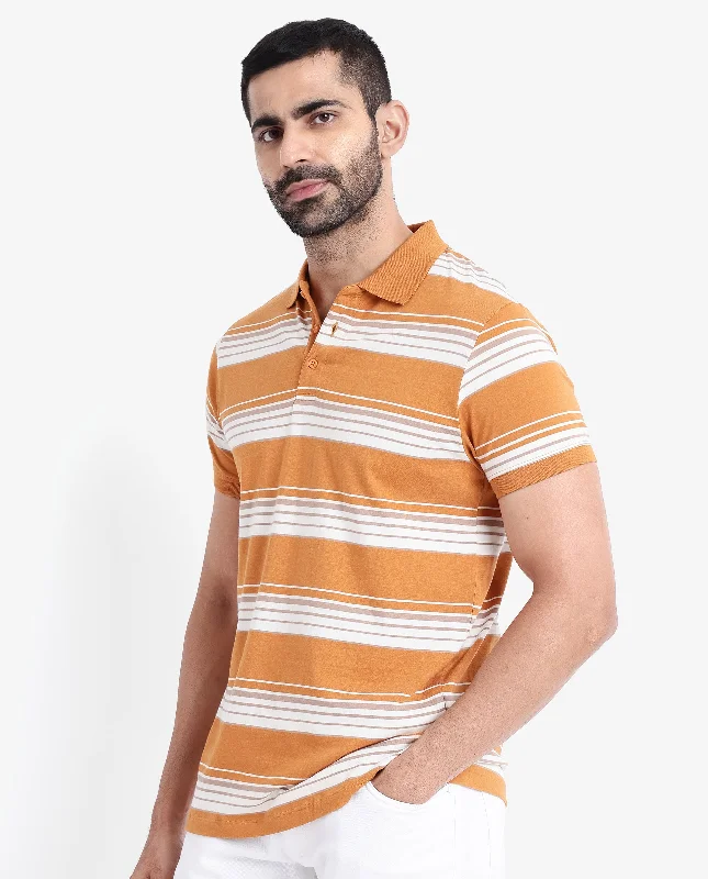 Rare Rabbit Men's Verdun Orange Cotton Fabric Half Sleeves Striped Polo T-Shirt