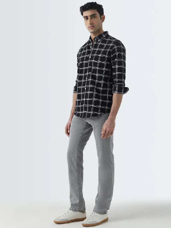 WES Casuals Black Checkered Slim-Fit Cotton Shirt