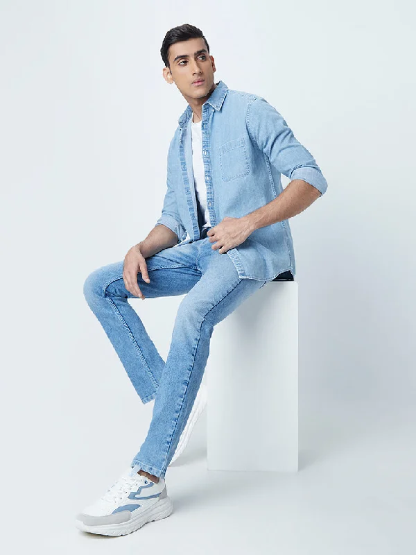 WES Casuals Light Blue Cotton Slim-Fit Shirt