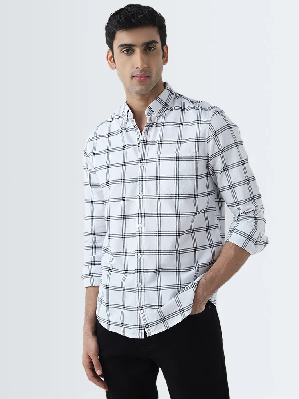 WES Casuals White Checkered Slim-Fit Cotton Shirt