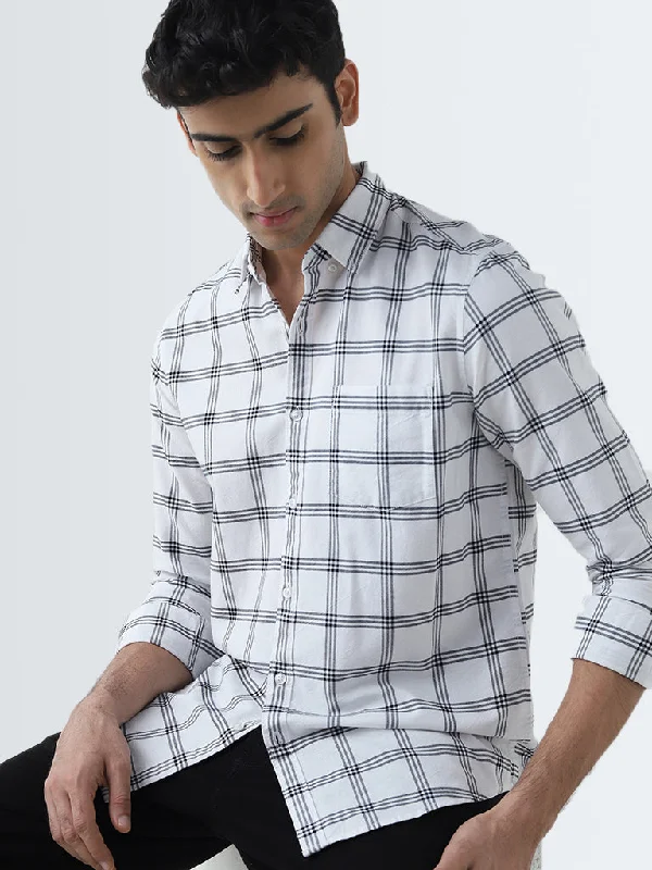 WES Casuals White Checkered Slim-Fit Cotton Shirt