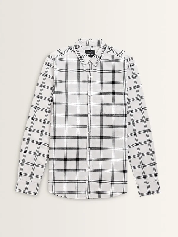 WES Casuals White Checkered Slim-Fit Cotton Shirt