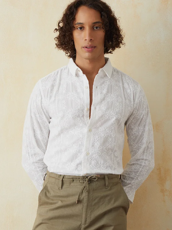 White Embroidered Plain Casual Shirt