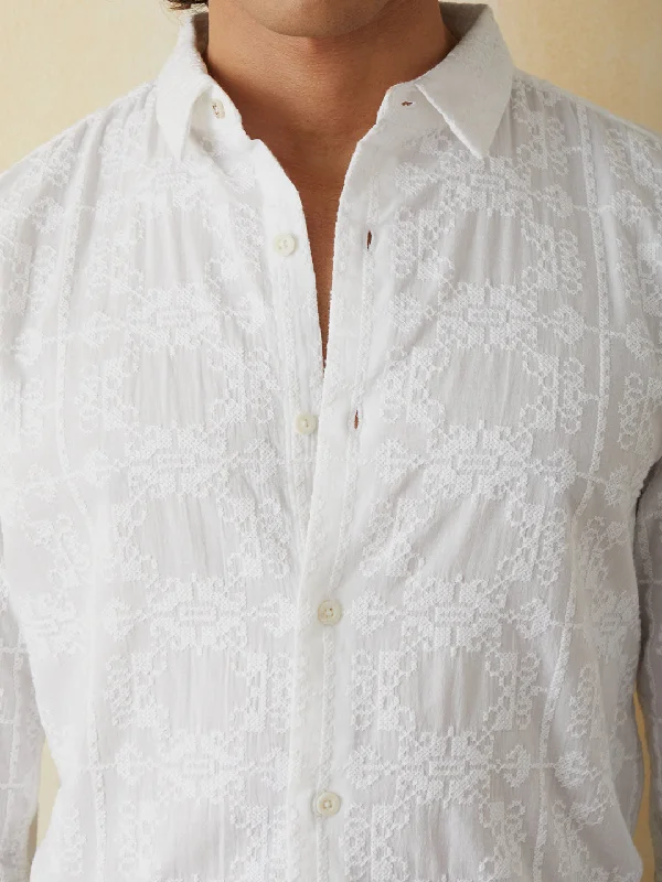 White Embroidered Plain Casual Shirt