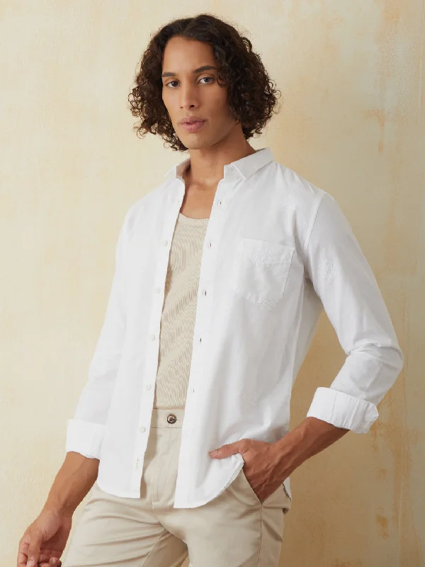 White Embroidered Plain Casual Shirt