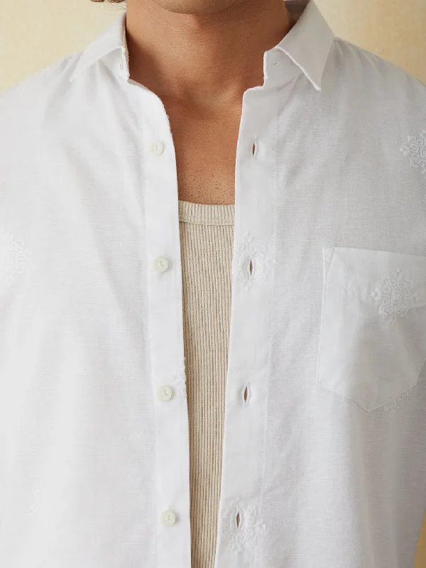 White Embroidered Plain Casual Shirt