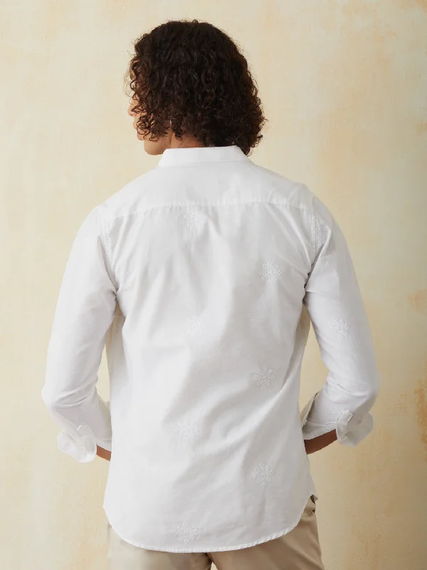 White Embroidered Plain Casual Shirt