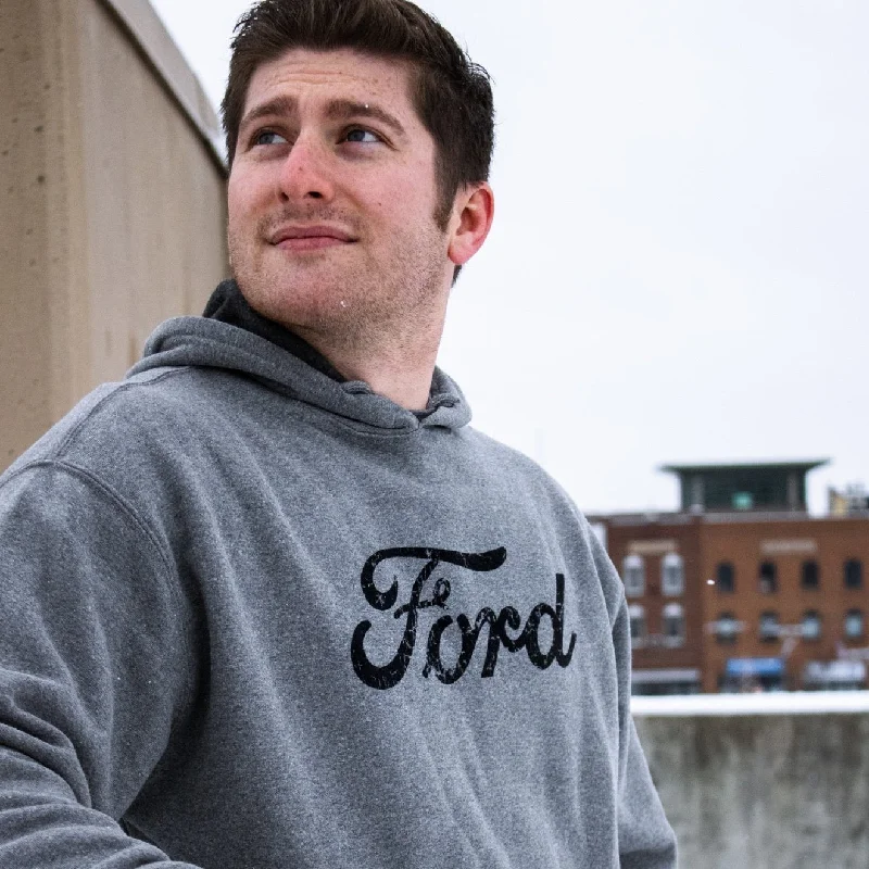 Hoodie - Mens Ford Distressed Text - Heather Grey