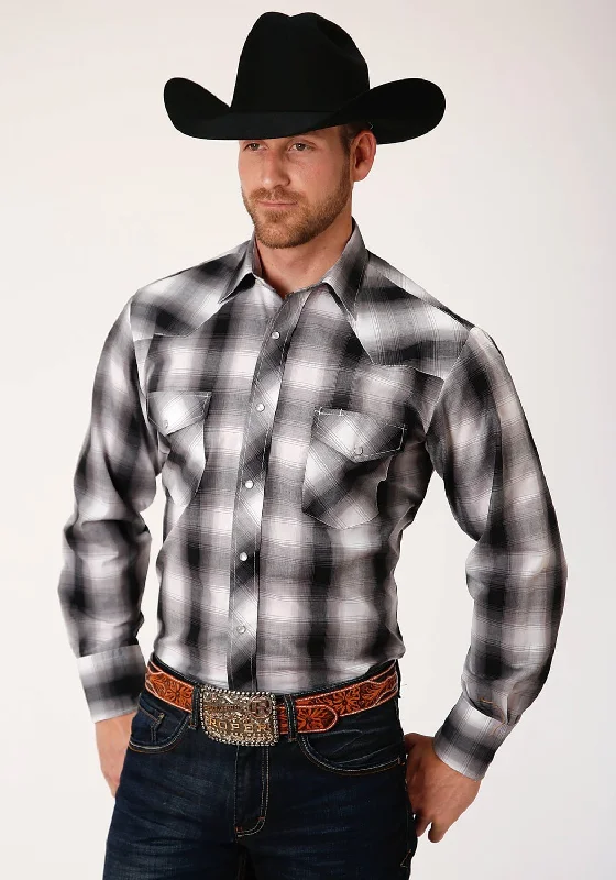 Roper Mens Black/White Cotton Blend Plaid L/S 55/45 Shirt