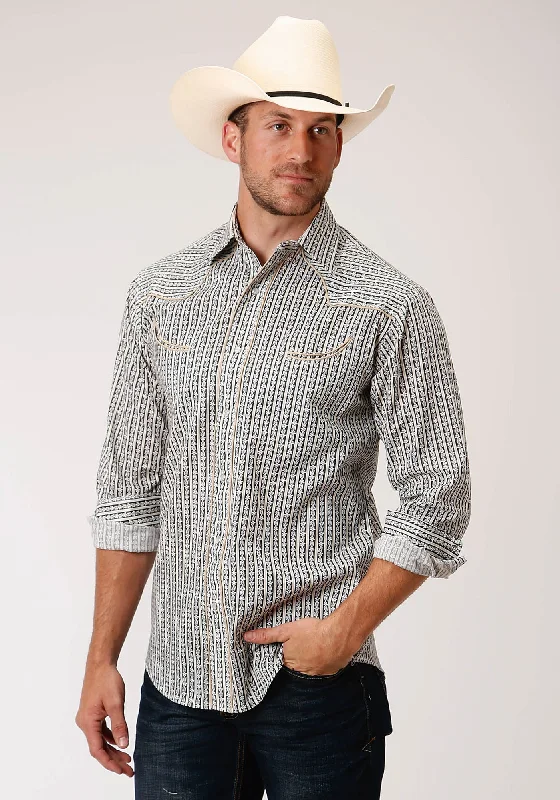 Roper Mens Grey Cotton Blend Dark Ground L/S Wallpaper Shirt