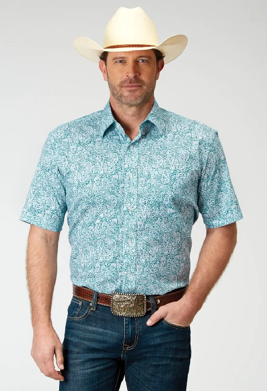 Roper Mens Poplin Paisley Teal Cotton Blend S/S Shirt