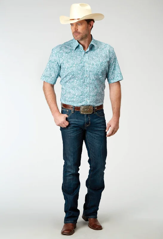 Roper Mens Poplin Paisley Teal Cotton Blend S/S Shirt