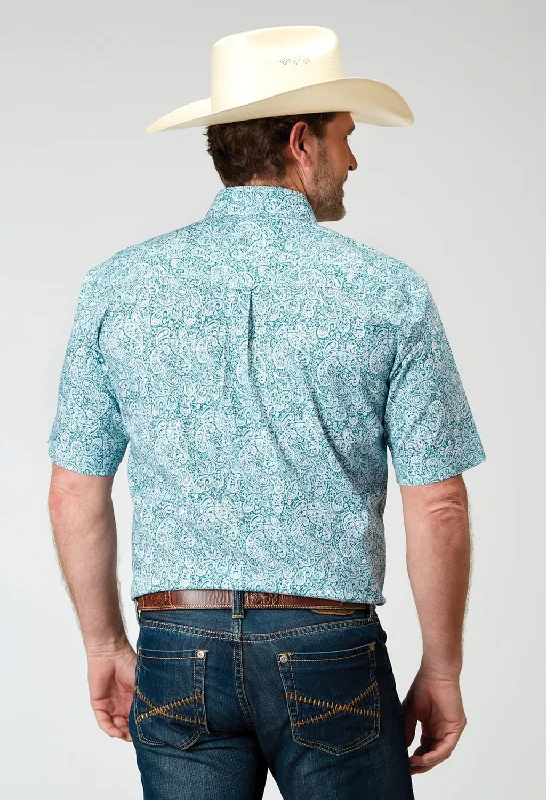 Roper Mens Poplin Paisley Teal Cotton Blend S/S Shirt