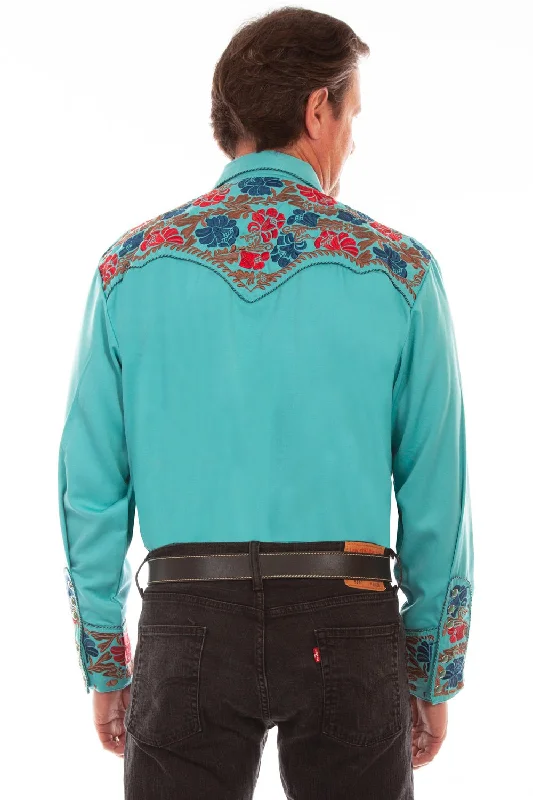 Scully Mens Turquoise Poly/Rayon Floral Tooled L/S Shirt