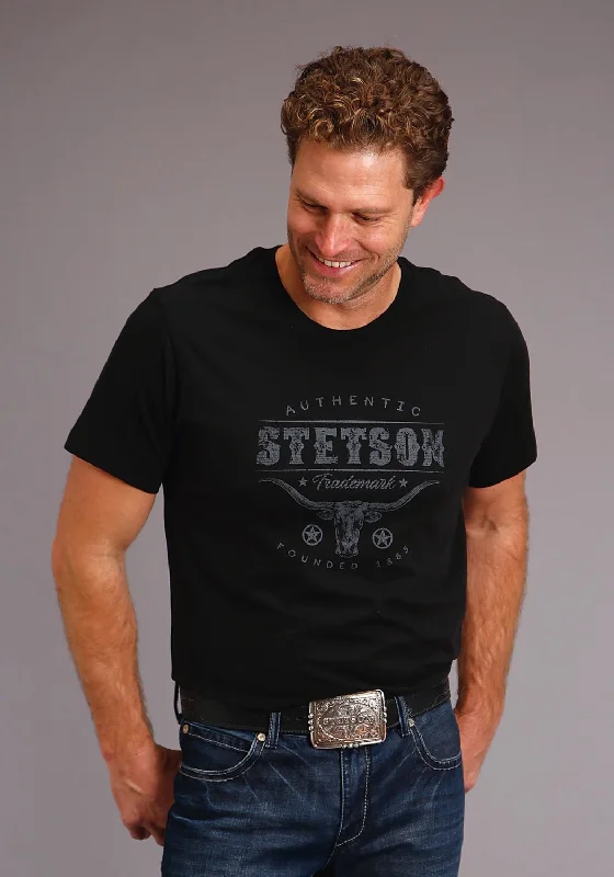 Stetson Mens Black 100% Cotton Steer Head S/S Trademark T-Shirt