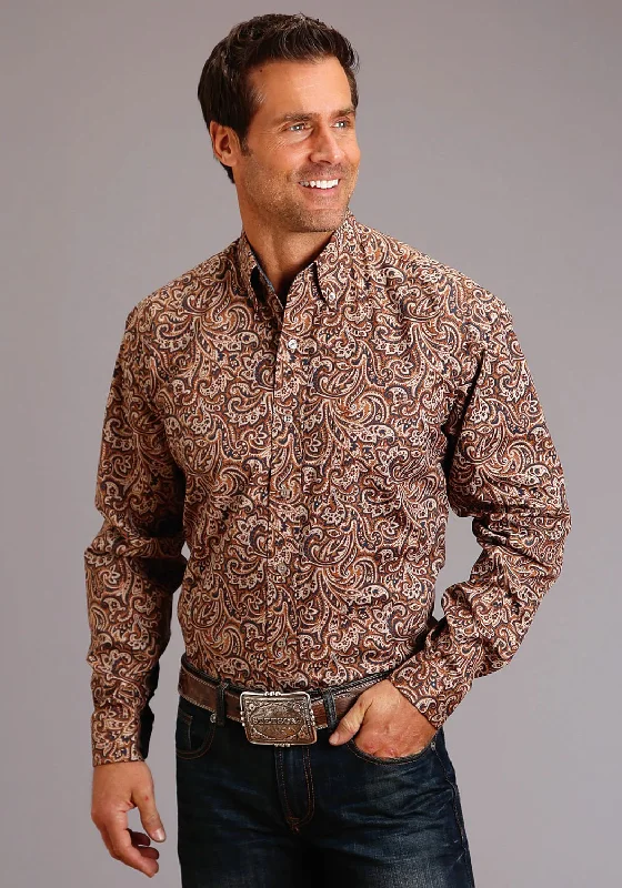 Stetson Mens Brown 100% Cotton Leather Paisley BD L/S 1 Pocket Shirt