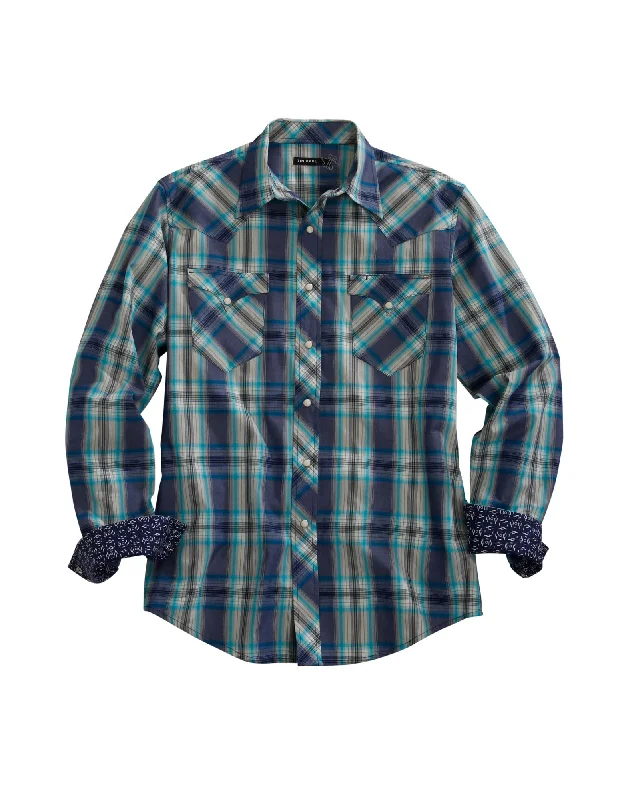 Tin Haul Mens Blue 100% Cotton Grid Plaid L/S Shirt