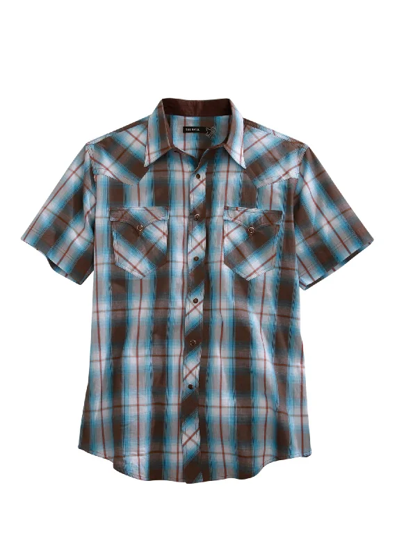 Tin Haul Mens Brown 100% Cotton Turquoise Plaid S/S Shirt