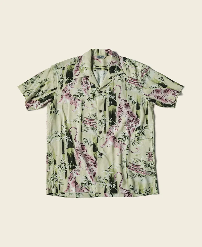 Ukiyo-e Tiger & Bamboo Pattern Aloha Shirt - Light Green